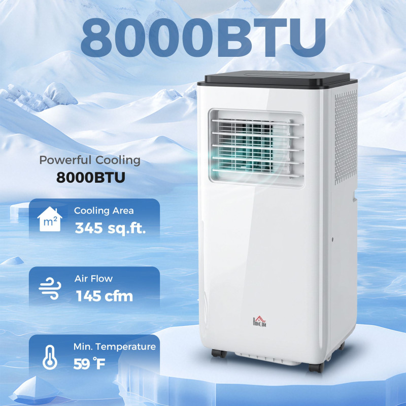 8,000 BTU Moible Air Conditioner 345 Sq. Ft., Dehumidifier Fan Auto Sleep with 24H Timer On/Off, Window Kit, White