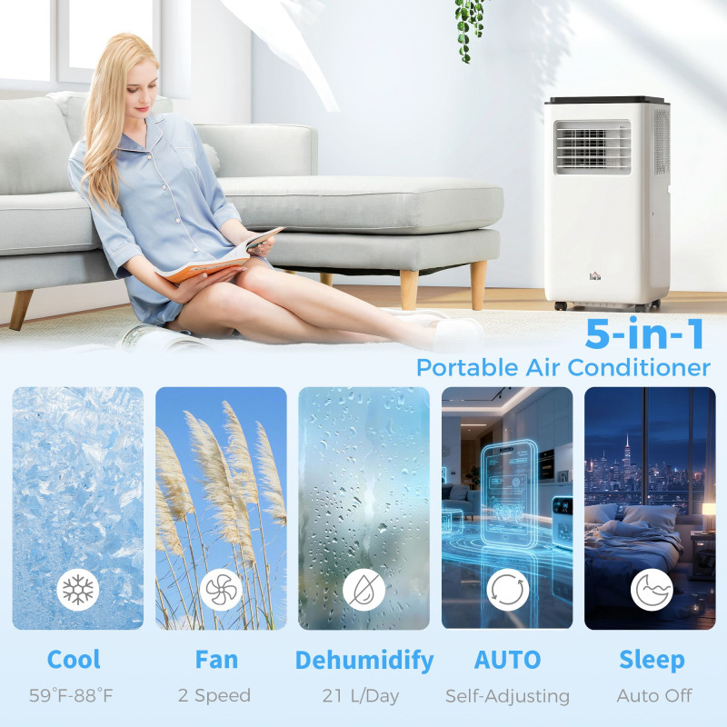 8,000 BTU Moible Air Conditioner 345 Sq. Ft., Dehumidifier Fan Auto Sleep with 24H Timer On/Off, Window Kit, White