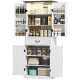 71" LED Kitchen Pantry Cabinet, Farmhouse Storage Cabinet with Door Shelves, Distressed White