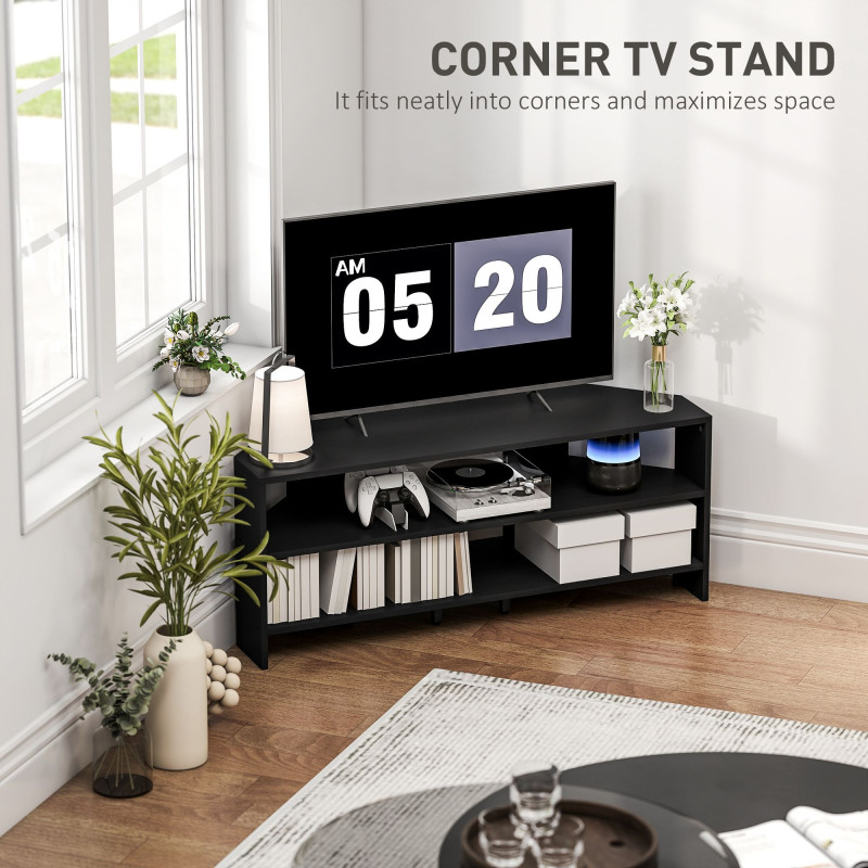 Corner TV Stand, Modern TV Table with 2 Open Shelves for 47 Inch TV, Entertainment Center for Living Room, Black