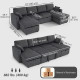 Convertible Sofa Bed, Corduroy U-Shaped Sleeper Sofa Couch with Storage Chaise, Pillows, Spring, Futon Couch, Grey