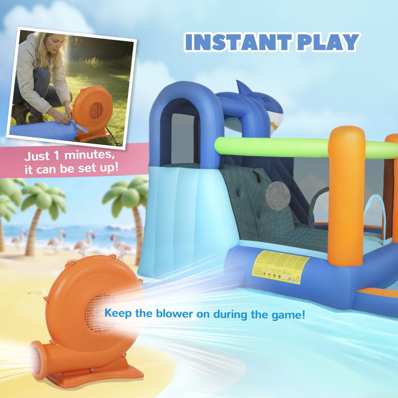 Qaba Inflatable Bounce House for Kids, Sharks Theme Jumping Bouncy Castle with Slide and Pool for Indoor Outdoor, Blue