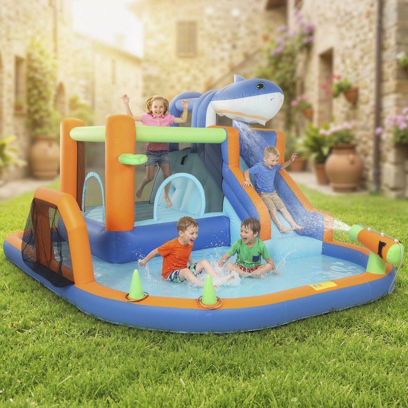 Qaba Inflatable Bounce House for Kids, Sharks Theme Jumping Bouncy Castle with Slide and Pool for Indoor Outdoor, Blue