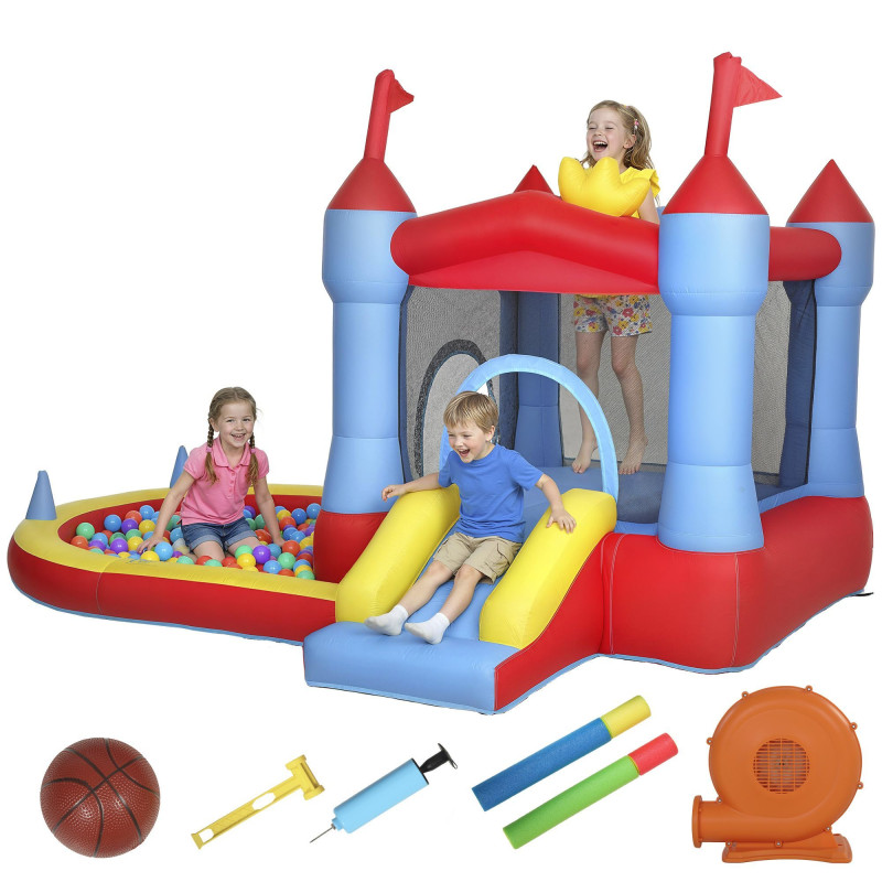 Qaba Bouncy Castle for Kids, Inflatable Bounce House with Slide, Pool/Ball Pit, Basketball Hoop and Blower for Indoor Outdoor