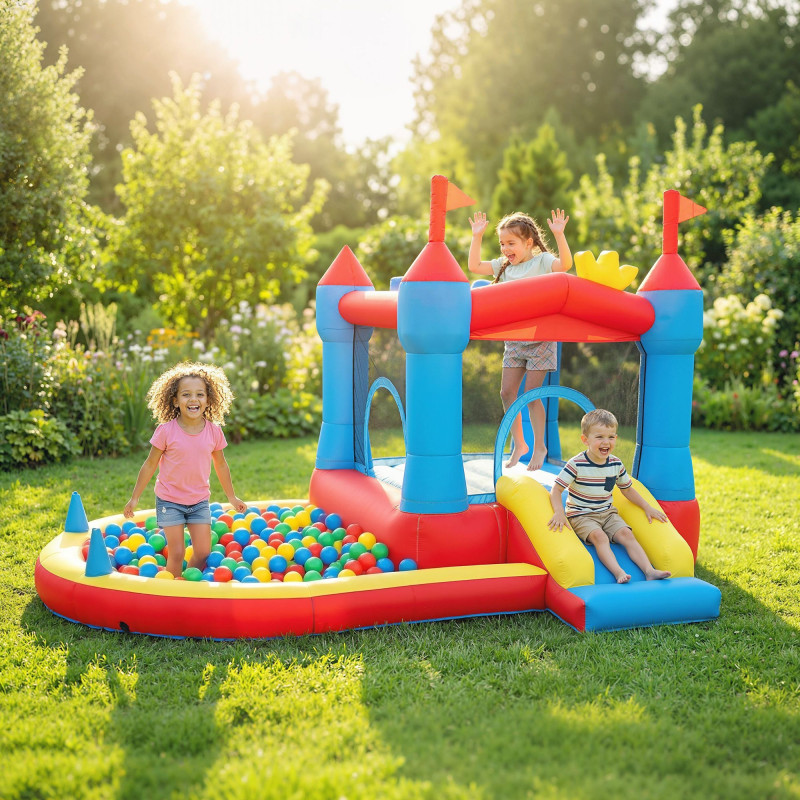 Qaba Bouncy Castle for Kids, Inflatable Bounce House with Slide, Pool/Ball Pit, Basketball Hoop and Blower for Indoor Outdoor
