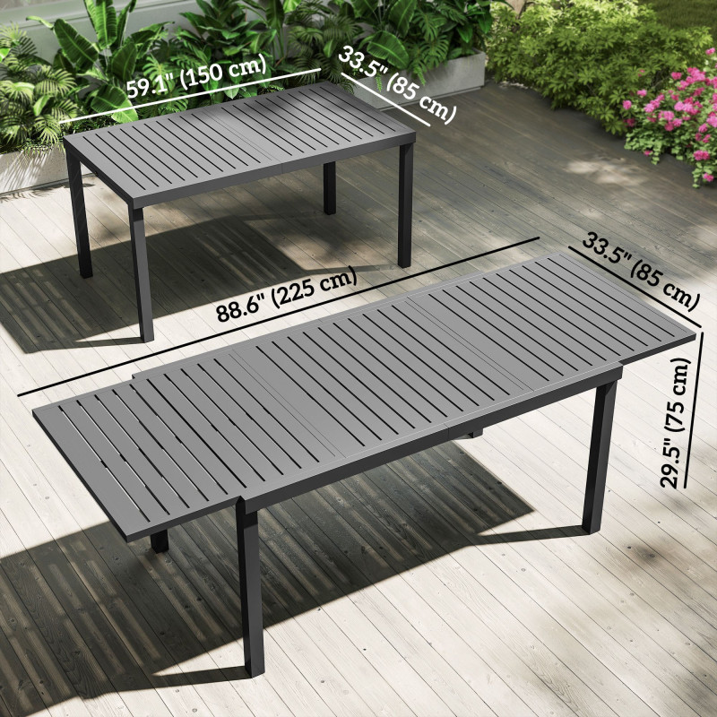 Expandable Outdoor Dining Table for 6-8 People, 59"-89" Aluminum Patio Dining Table with Slatted Top, Dark Grey