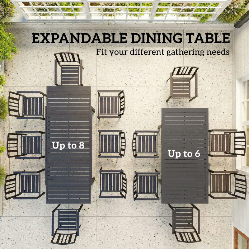 Expandable Outdoor Dining Table for 6-8 People, 59"-89" Aluminum Patio Dining Table with Slatted Top, Dark Grey