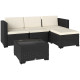 5 Piece Patio Furniture Set, L-Shape Wicker Outdoor Sectional with 3 Chairs, Ottoman, Glass Table, Cushions, Cream