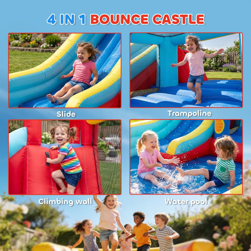 Qaba 14.3 x 8FT Inflatable Bounce House, 4 in 1 Bouncy Castle with Slide, Climbing Wall, Jumping Area, Pool and Blower