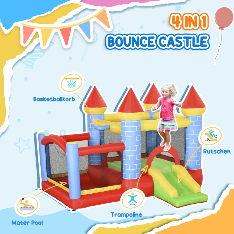 Qaba 9.2 x 9.5FT Bounce House, 4 in 1 Inflatable Bouncy Castle for Kids With Trampoline, Slide, Water Pool, Basket, Blower