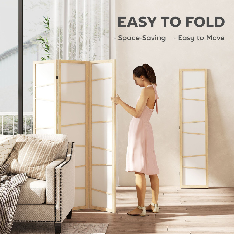 66.9" Folding Room Divider, 3 Panel Wall Partition with Wood Frame for Bedroom, Home Office, Natural Wood
