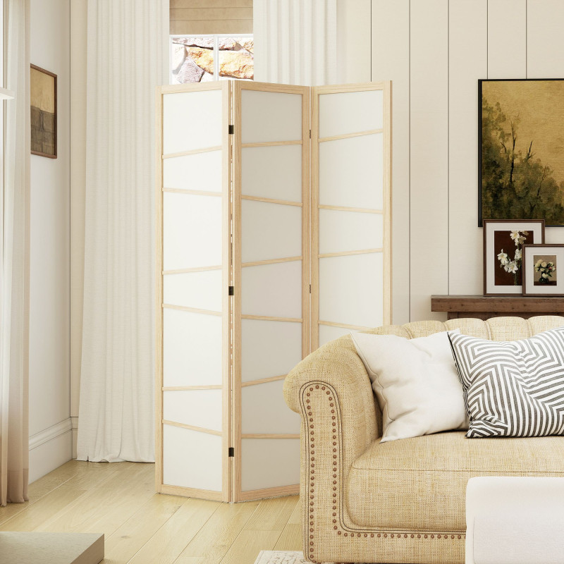 66.9" Folding Room Divider, 3 Panel Wall Partition with Wood Frame for Bedroom, Home Office, Natural Wood