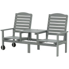 Outdoor Bench with Wheels and 3-Position Adjustable High Back, 2 Seater Outdoor Loveseat with Umbrella Hole, Grey