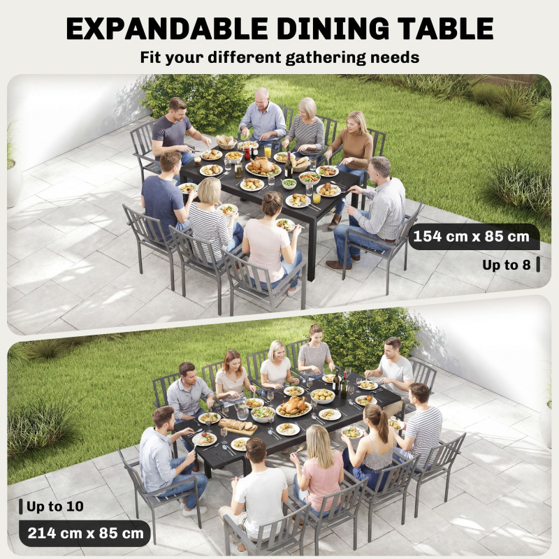 Expandable Patio Dining Table for 8-10 People, 60.6"-84.3" Aluminum Outdoor Dining Table with Adjustable Foot Pads