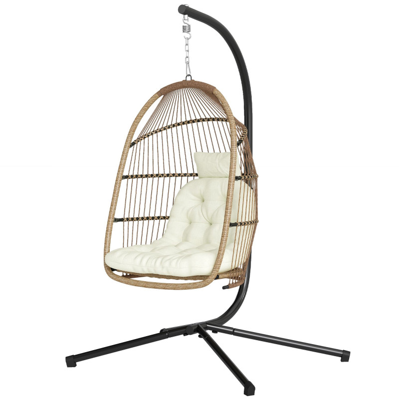 Wicker Egg Swing Chair with Stand, Foldable Hanging Egg Chair with UV Resistant Cushion, Headrest, Beige