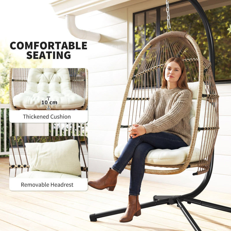 Wicker Egg Swing Chair with Stand, Foldable Hanging Egg Chair with UV Resistant Cushion, Headrest, Beige