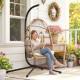 Wicker Egg Swing Chair with Stand, Foldable Hanging Egg Chair with UV Resistant Cushion, Headrest, Beige