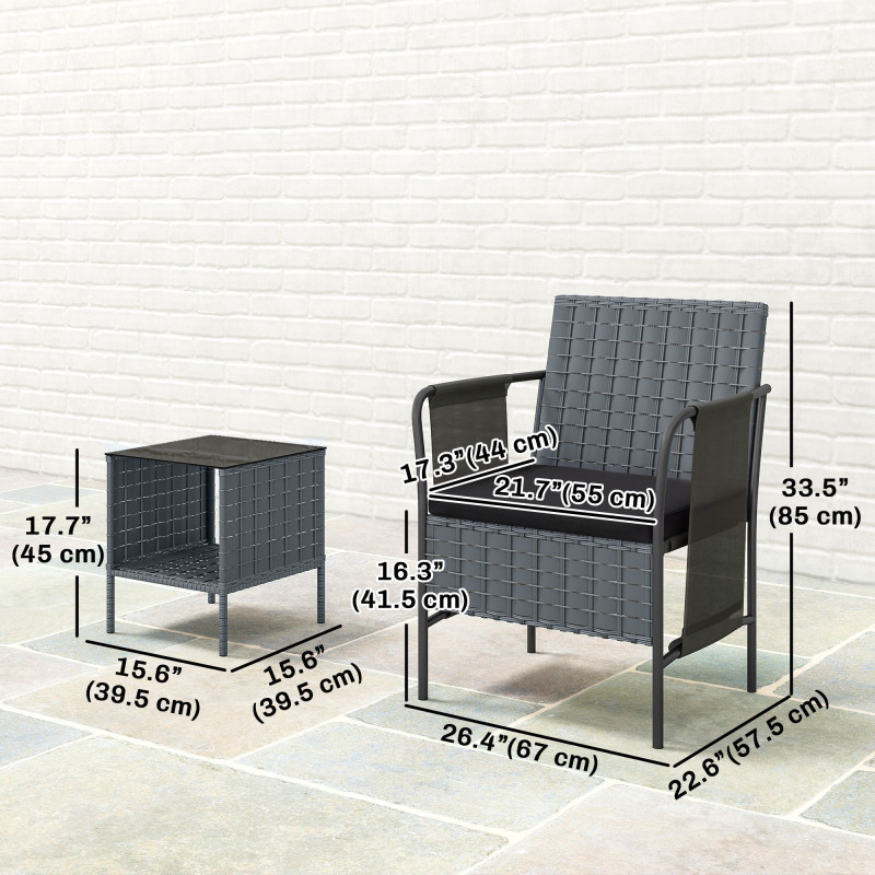 3 Piece Wicker Patio Furniture Set, Outdoor Bistro Set, Side Pockets, Mesh Seat, 2 Tier Glass Table, Cushions, Black