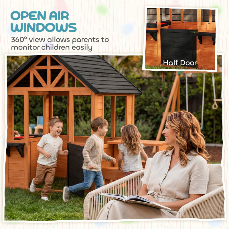 Qaba Wooden Playhouse Playhouse for Kids with Table, Benches, Sink Table, Windows, Flowerpot Holders, for Ages 3-8, Brown