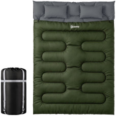 Double Sleeping Bag for Adults, Queen Size 2 Person Sleeping Bag with 2 Pillows, for Cold Weather & Warm, Green