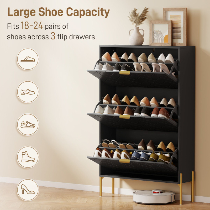 Shoe Cabinet with 3 Flip Drawers, Modern Narrow Shoe Storage Cabinet with Adjustable Shelves, Black