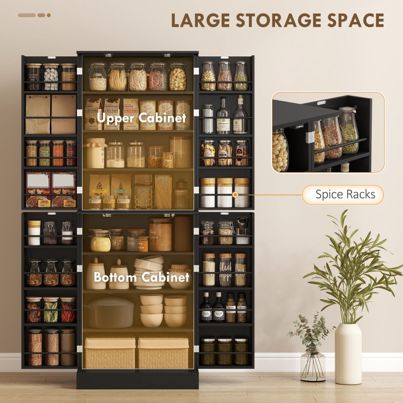 65" Kitchen Cabinet, Kitchen Pantry Cabinet with 4 Doors and 16 Door Shelves for Dining Room, Black