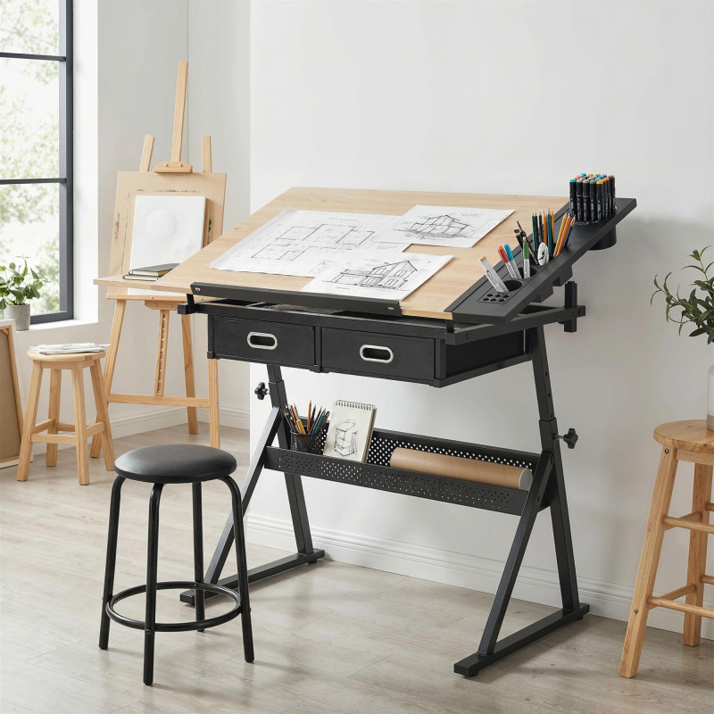 Adjustable Drafting Table, Art Desk Drawing Table Workstation with Stool and Storage Drawers for Painting, Oak