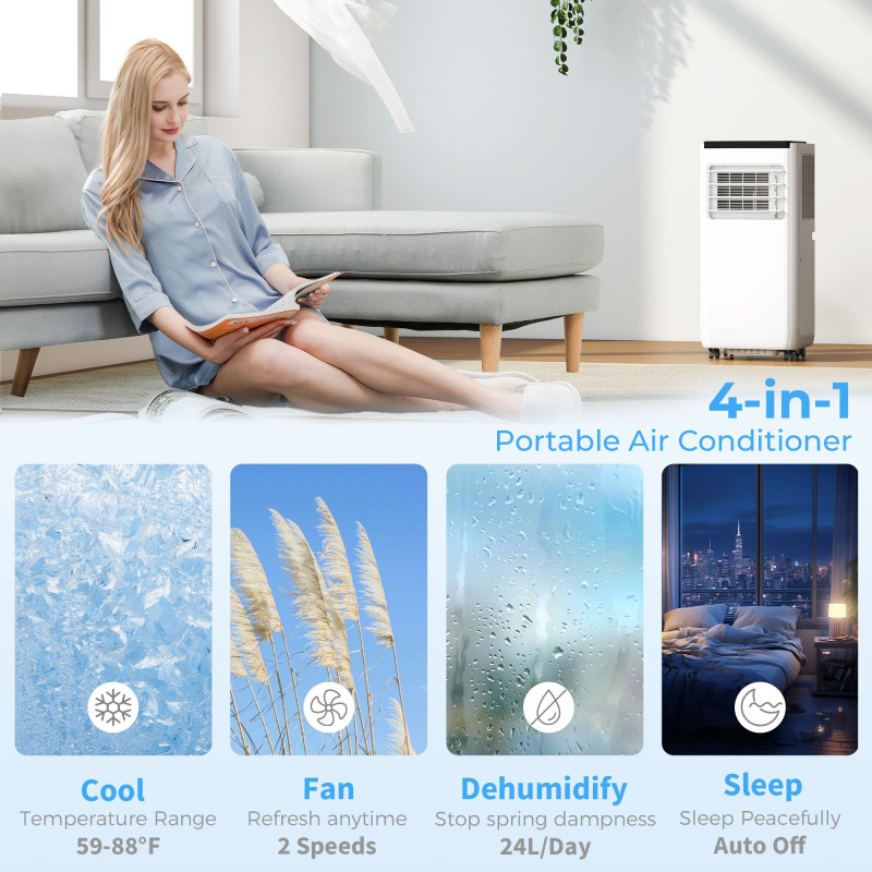 8000 BTU Portable 4-in-1 Air Conditioner with Cool, Dehumidifier, Fan, Sleep, WiFi Voice Remote Control, White
