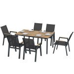 7 Piece Outdoor Dining Set, Rectangle Patio Table and 6 Mesh Chairs with Slatted Tabletop for Backyard, Deck, Garden