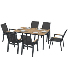 7 Piece Outdoor Dining Set, Rectangle Patio Table and 6 Mesh Chairs with Slatted Tabletop for Backyard, Deck, Garden