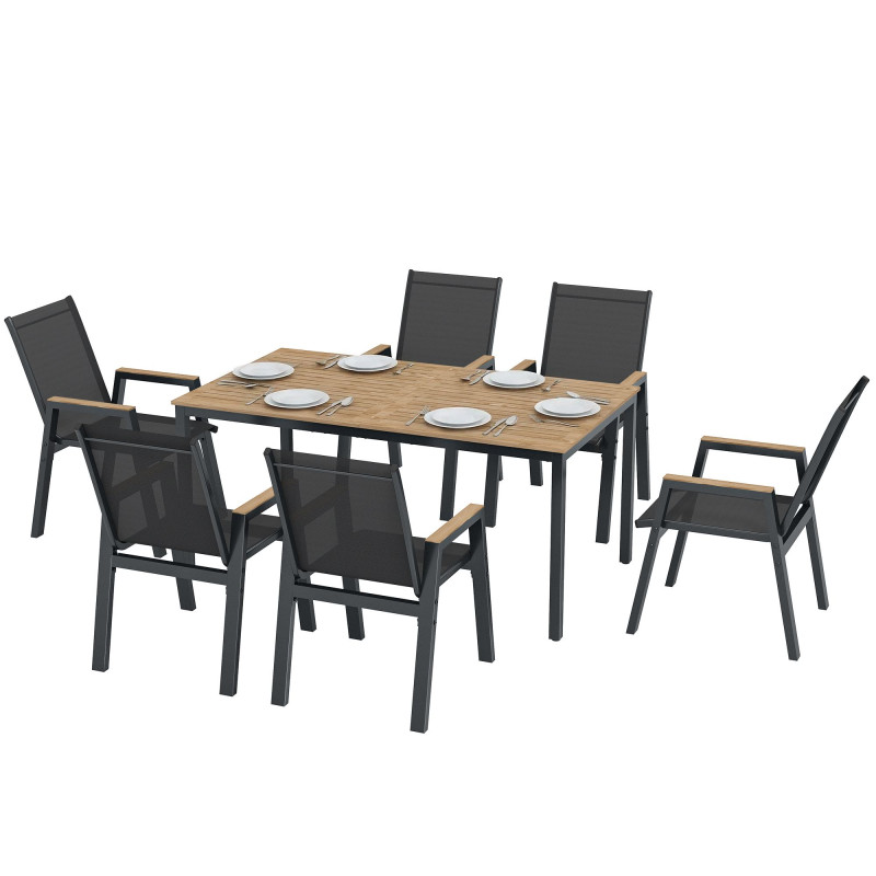 7 Piece Outdoor Dining Set, Rectangle Patio Table and 6 Mesh Chairs with Slatted Tabletop for Backyard, Deck, Garden