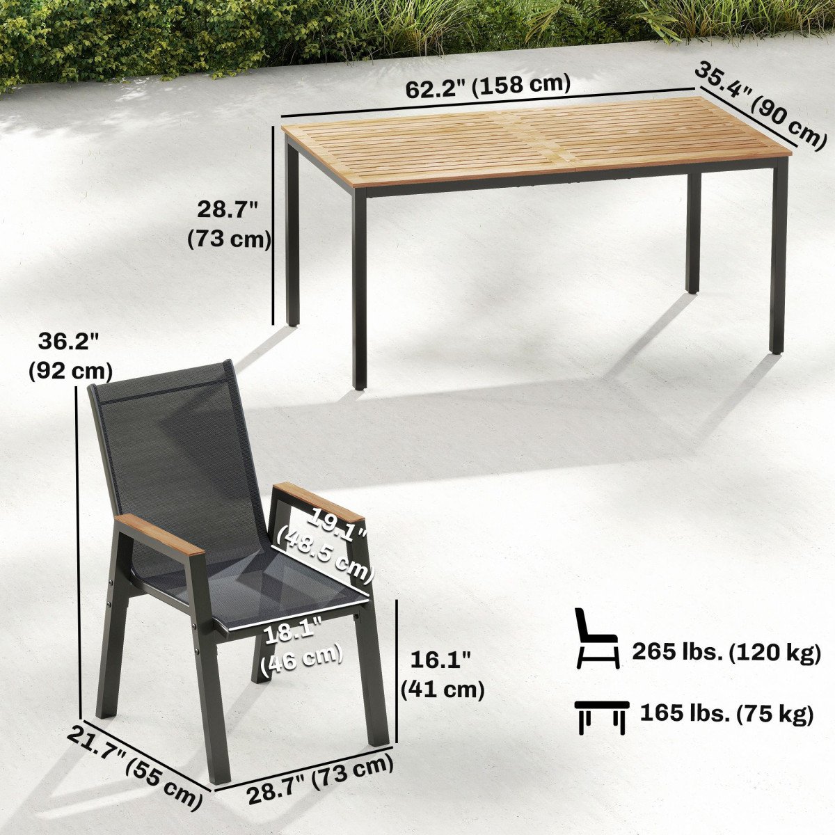 7 Piece Outdoor Dining Set, Rectangle Patio Table and 6 Mesh Chairs with Slatted Tabletop for Backyard, Deck, Garden