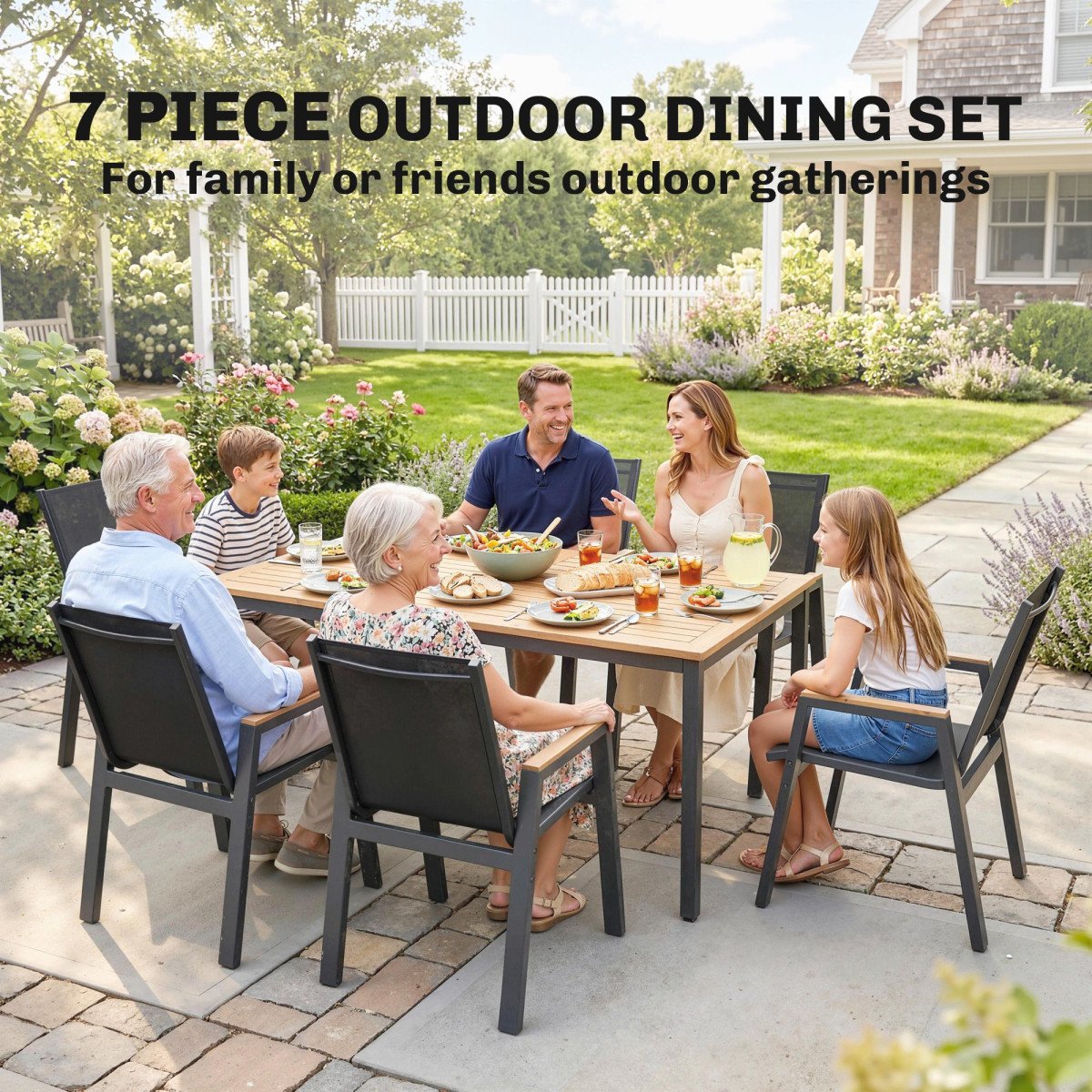 7 Piece Outdoor Dining Set, Rectangle Patio Table and 6 Mesh Chairs with Slatted Tabletop for Backyard, Deck, Garden