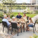 7 Piece Outdoor Dining Set, Rectangle Patio Table and 6 Mesh Chairs with Slatted Tabletop for Backyard, Deck, Garden