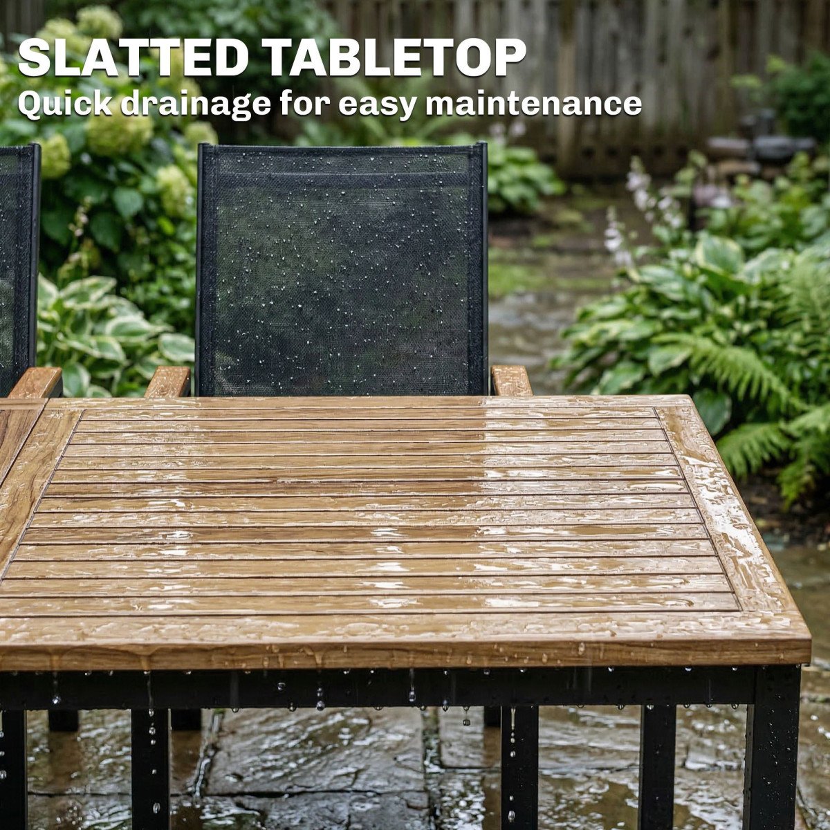 7 Piece Outdoor Dining Set, Rectangle Patio Table and 6 Mesh Chairs with Slatted Tabletop for Backyard, Deck, Garden