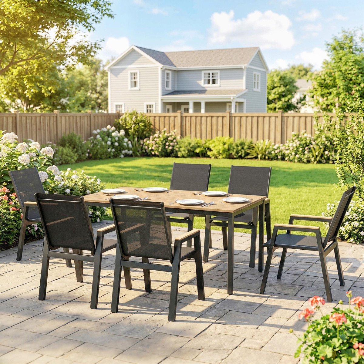 7 Piece Outdoor Dining Set, Rectangle Patio Table and 6 Mesh Chairs with Slatted Tabletop for Backyard, Deck, Garden