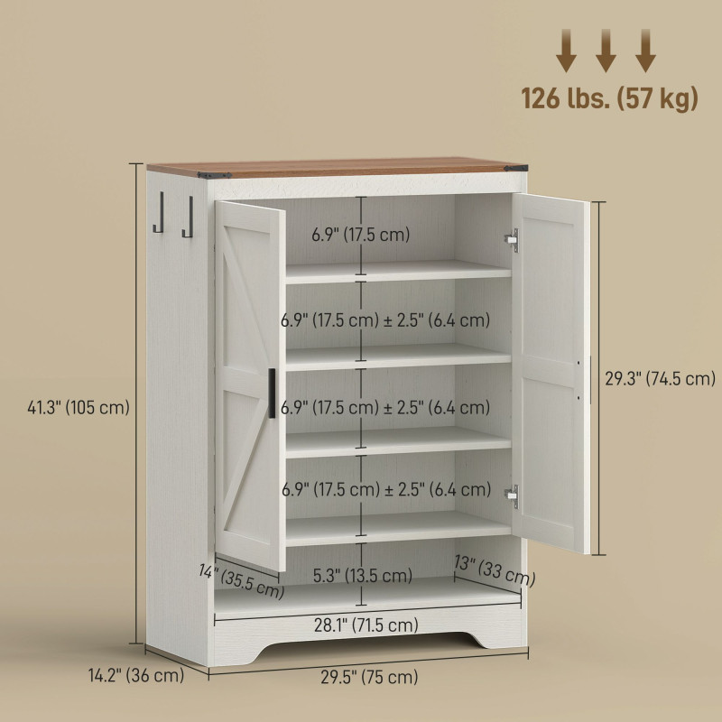5-Tier Shoe Storage Cabinet for 15 Pairs, Freestanding Farmhouse Shoe Cabinet, White