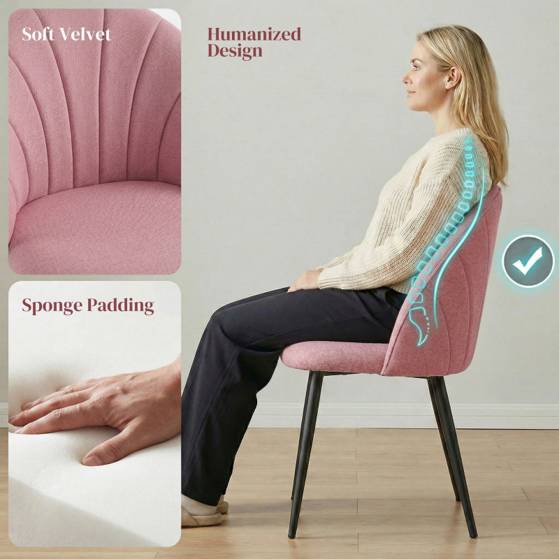 Modern Dining Chairs Set of 4, Upholstered Dining Room Chairs with Metal Legs, Shell Backrest, Padded Seat, Pink