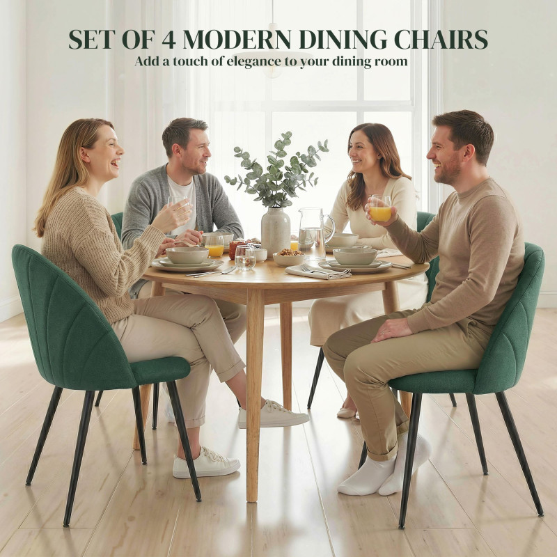 Modern Dining Chairs Set of 4, Upholstered Dining Room Chairs with Metal Legs, Shell Backrest, Padded Seat, Green