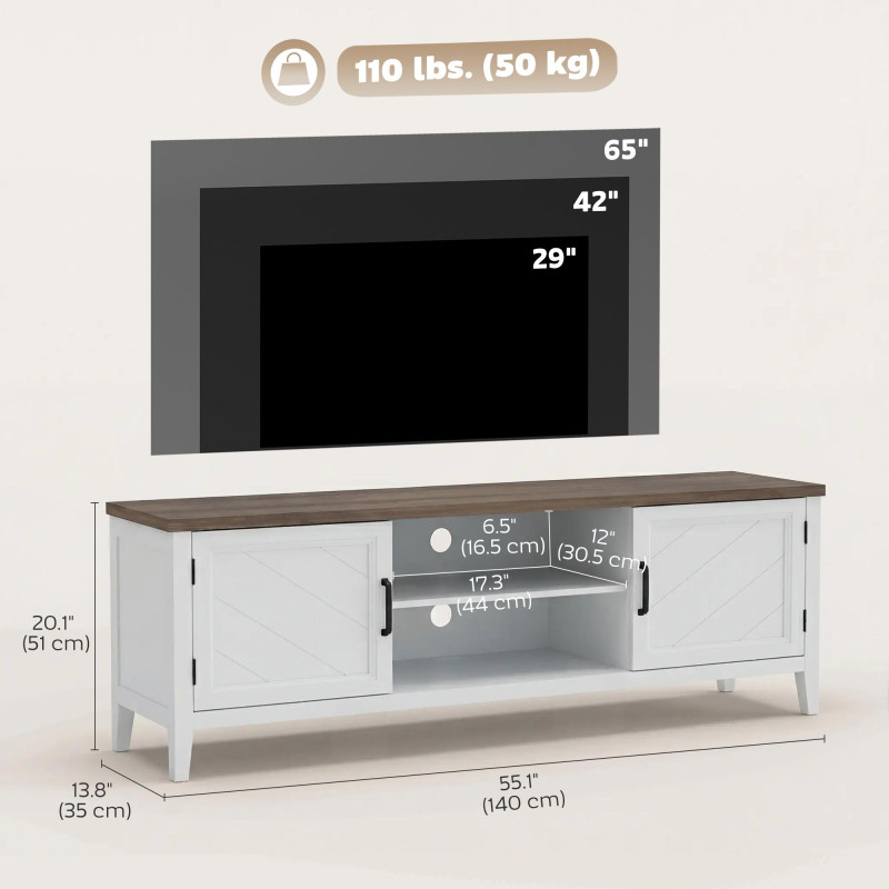 TV Stand for TVs up to 42 Inch, Entertainment Center with 2 Open Shelves, 2 Cabinets, Thick Top, White and Brown