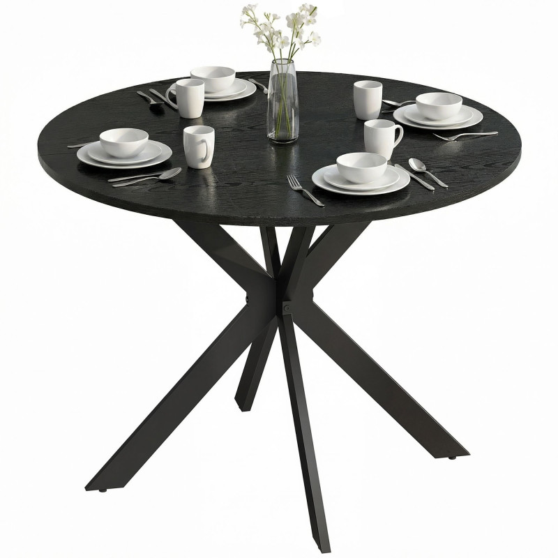 39" Dining Table, Contemporary Round Kitchen Table with Steel Legs, Black Wood Grain