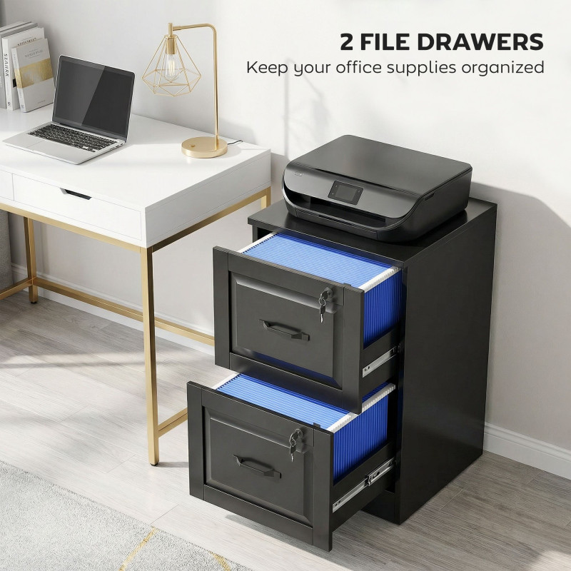 2 Drawer File Cabinet with Lock, Vertical Filing Cabinet with Adjustable Hanging Bars for A4 and Letter Size, Black