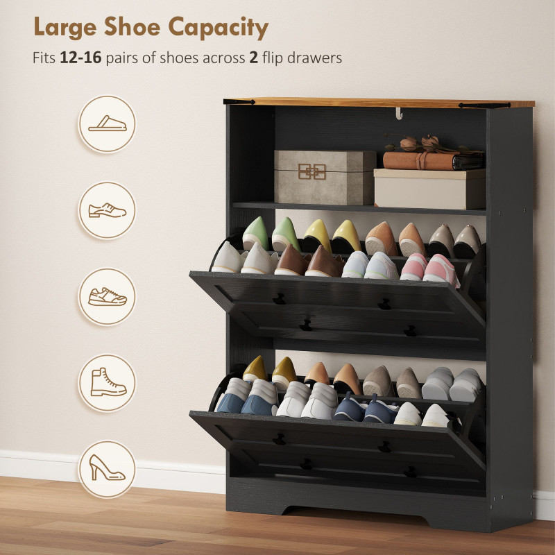 Shoe Cabinet with 2 Flip Drawers, Narrow Shoe Storage Cabinet, Black