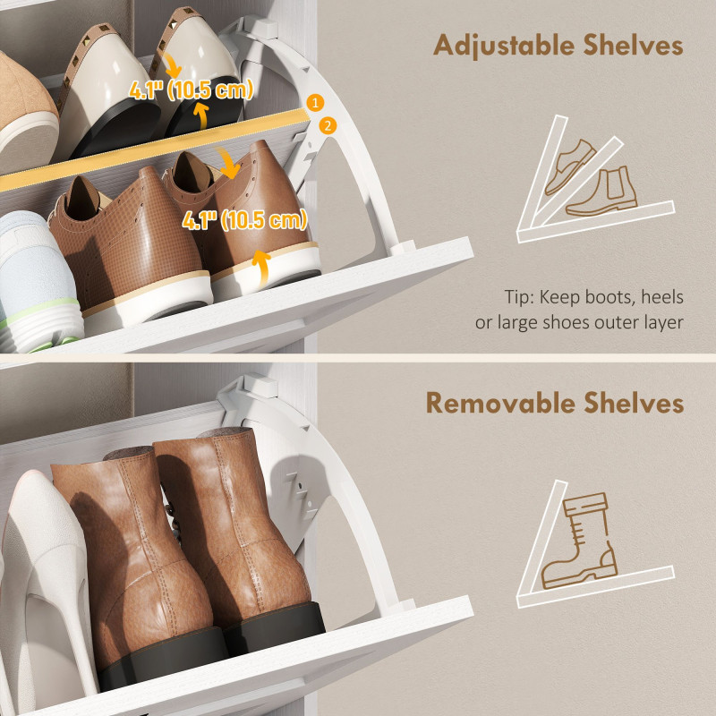 Shoe Cabinet with 2 Flip Drawers, Narrow Shoe Storage Cabinet, White