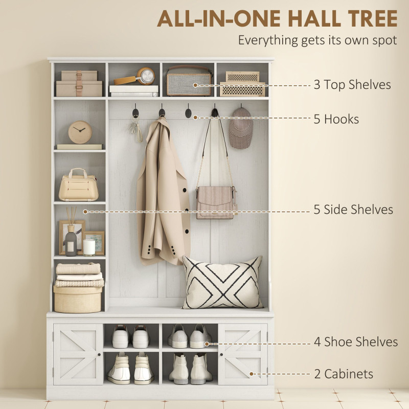 Hall Tree with Bench and Shoe Storage, Entryway Bench with Coat Rack, 12 Shelves, 2 Cabinets, 5 Hooks, White Wood Grain