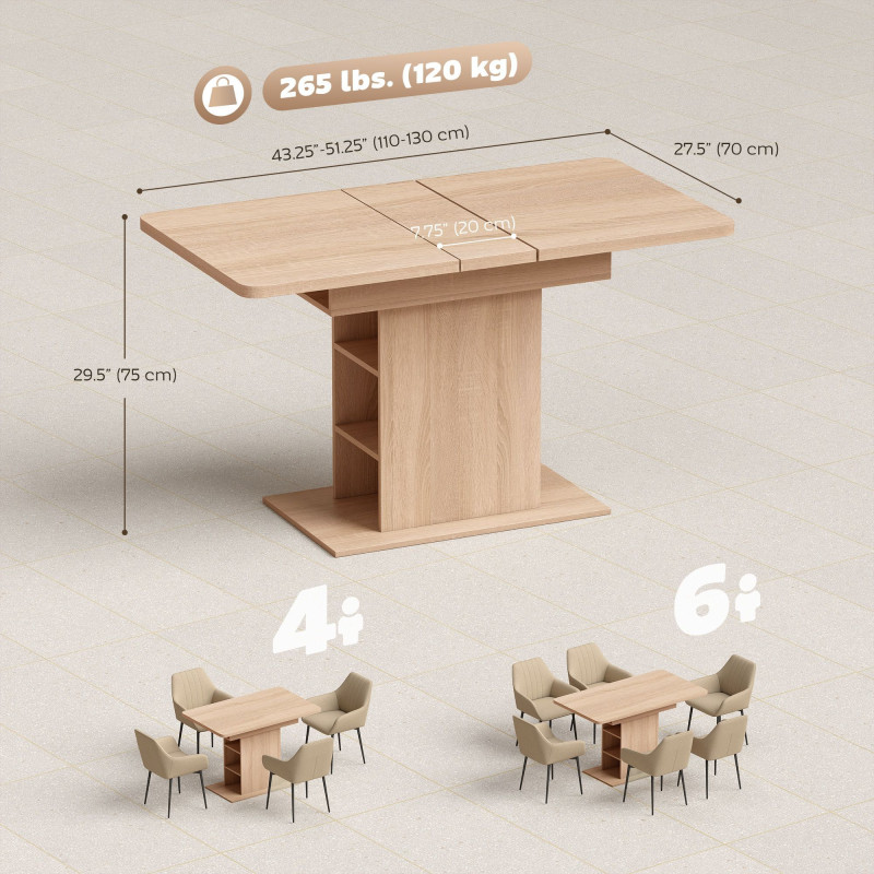 Extendable Dining Table for 4-6 People, 43.3"-51.2" Kitchen Table with 6 Open Shelves, Natural Wood