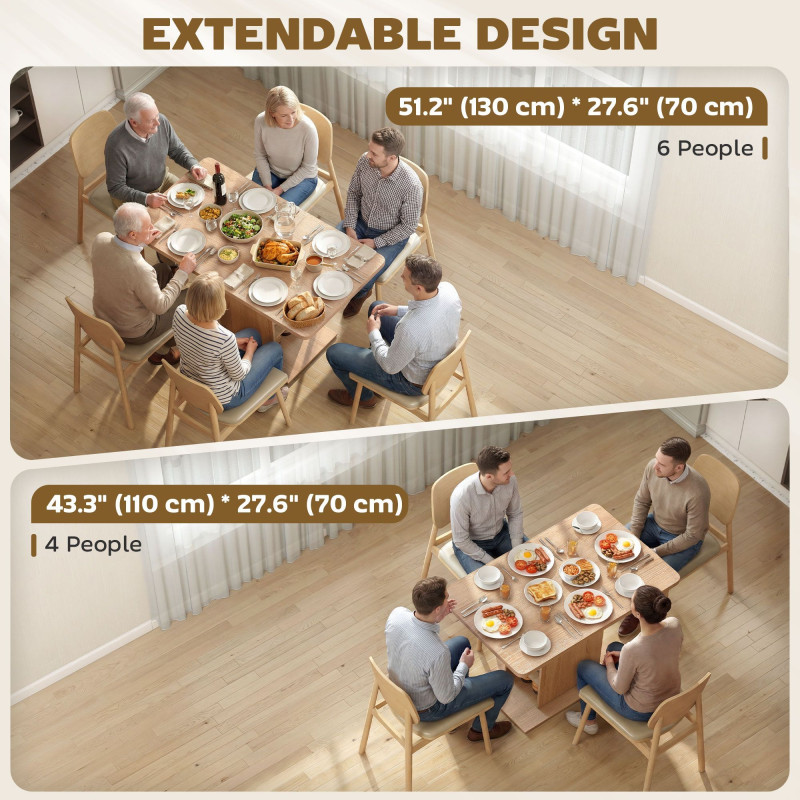 Extendable Dining Table for 4-6 People, 43.3"-51.2" Kitchen Table with 6 Open Shelves, Natural Wood