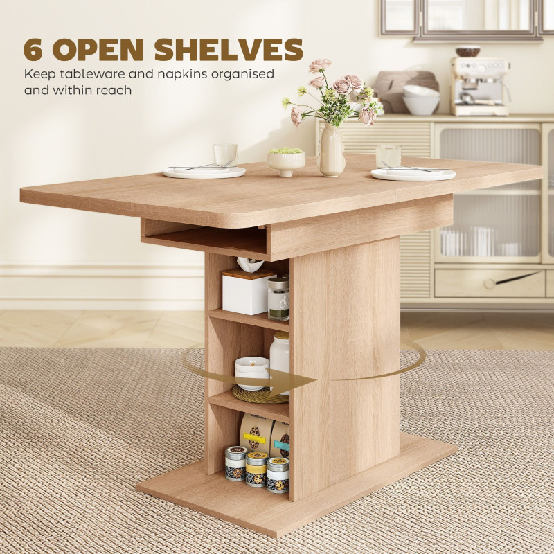 Extendable Dining Table for 4-6 People, 43.3"-51.2" Kitchen Table with 6 Open Shelves, Natural Wood