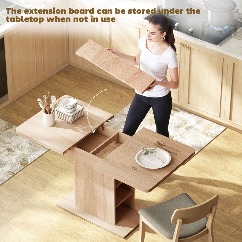 Extendable Dining Table for 4-6 People, 43.3"-51.2" Kitchen Table with 6 Open Shelves, Natural Wood