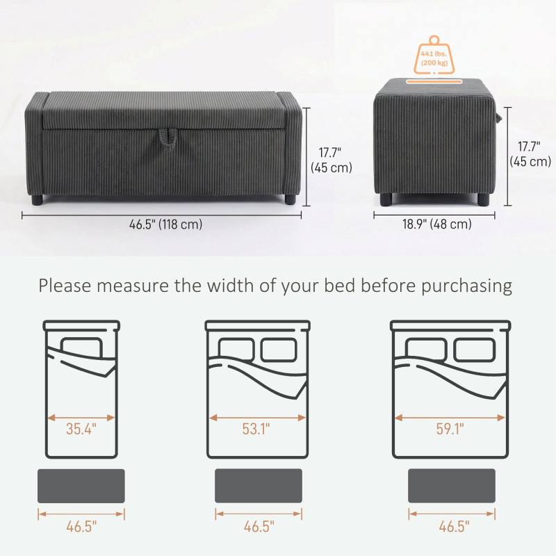 Storage Ottoman, Upholstered Corduroy End of Bed Bench with Thick Padding, Storage Bench for Bedroom, Dark Grey